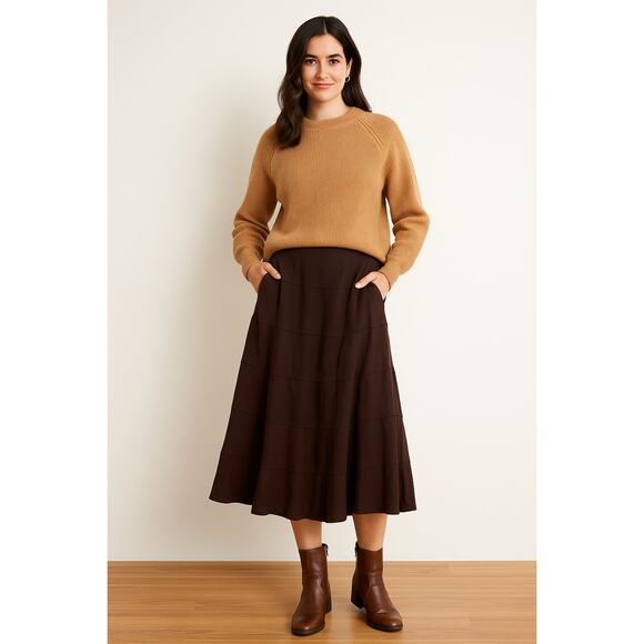 Vintage Style & Co 100% Linen Brown Tiered A-Line Midi Skirt Size 12P Petite - Picture 1 of 7